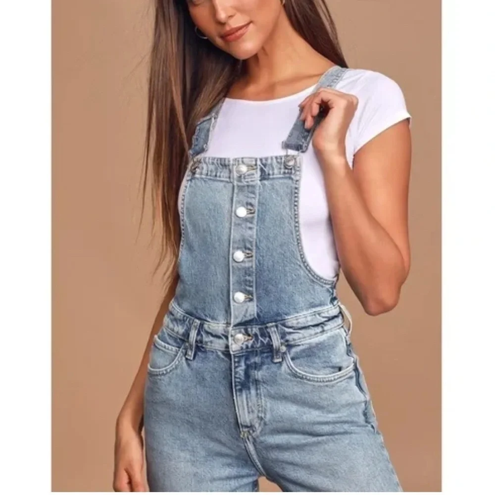 Free People We The Free Shelby Cropped Denim Overalls Stone Beach Wash